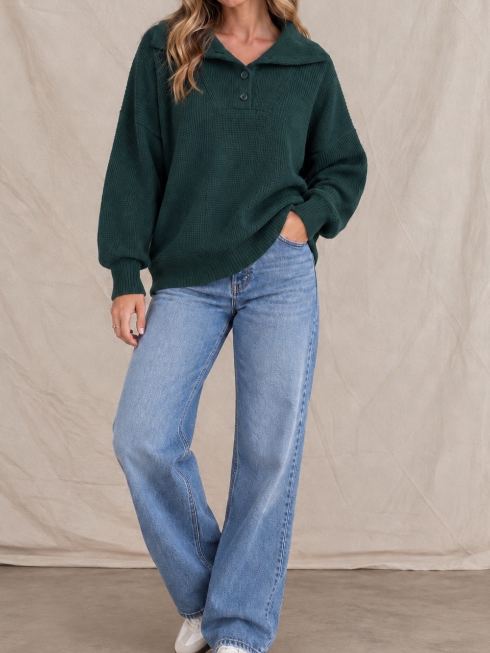 Aerie Evergreen Green Oversized Waffle Knit Pullover Sweater Small